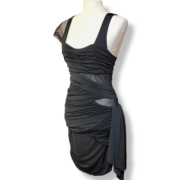 Sexy Black Asymmetrical Bandage-style Mini Dress with Sheer Panels, size 5 - Picture 11 of 15